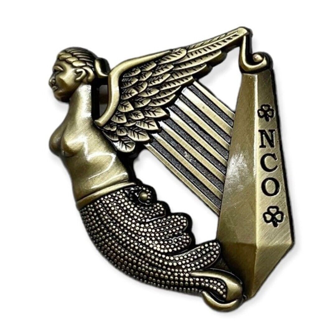 The Fighting 69th Infantry Traditional Irish Harp NCO Pin Aged Brass Finish