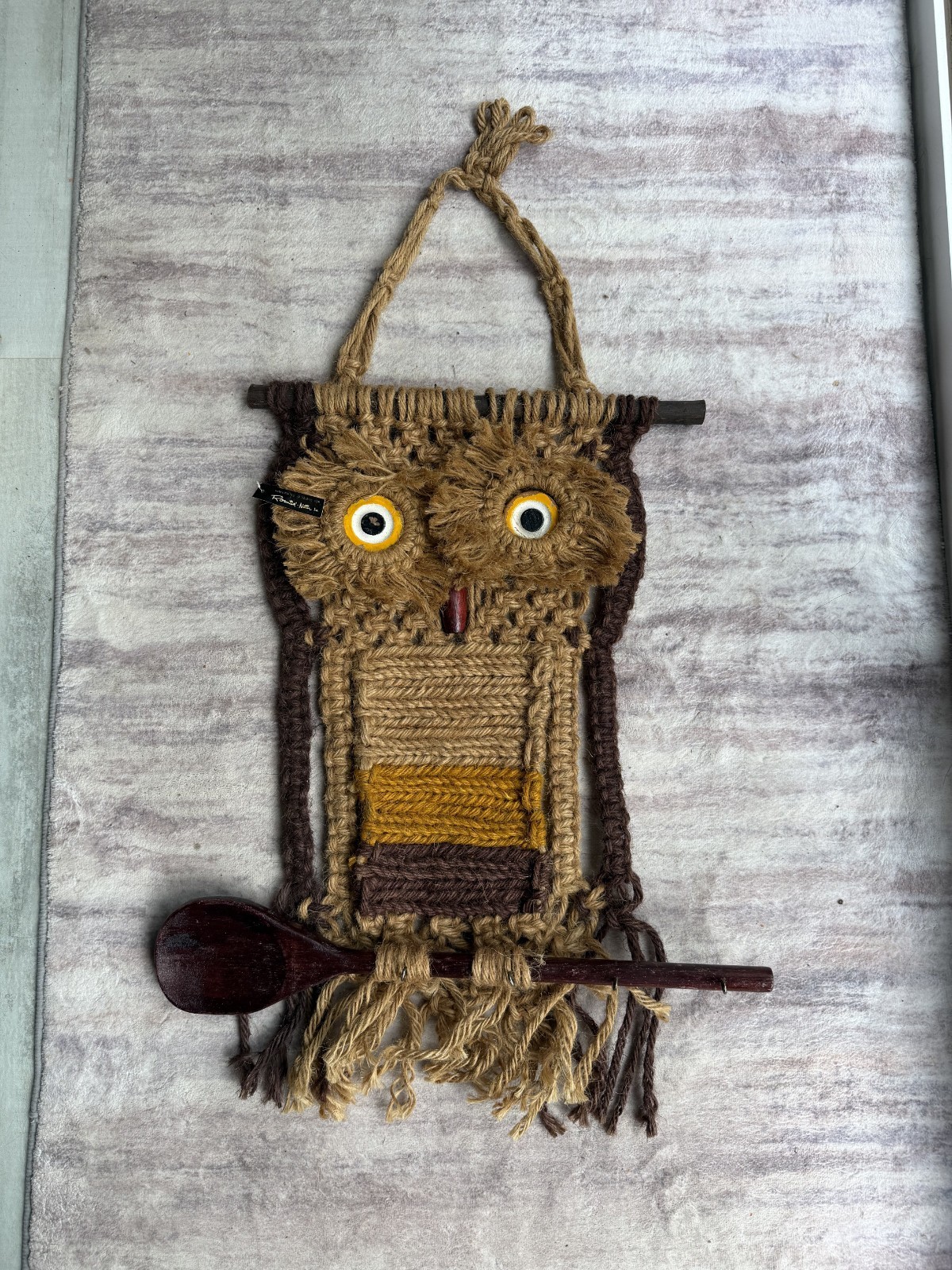 VTG 1970\'s Macrame Owl Wall Hanging With Wooden Spoon and Small Hooks for Keys