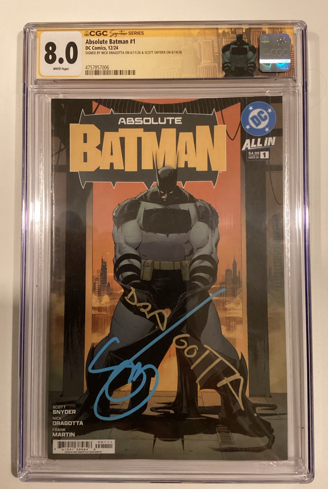 Absolute Batman #1 First Print CGC 8.0 2X Signed Snyder & Dragotta Custom Label