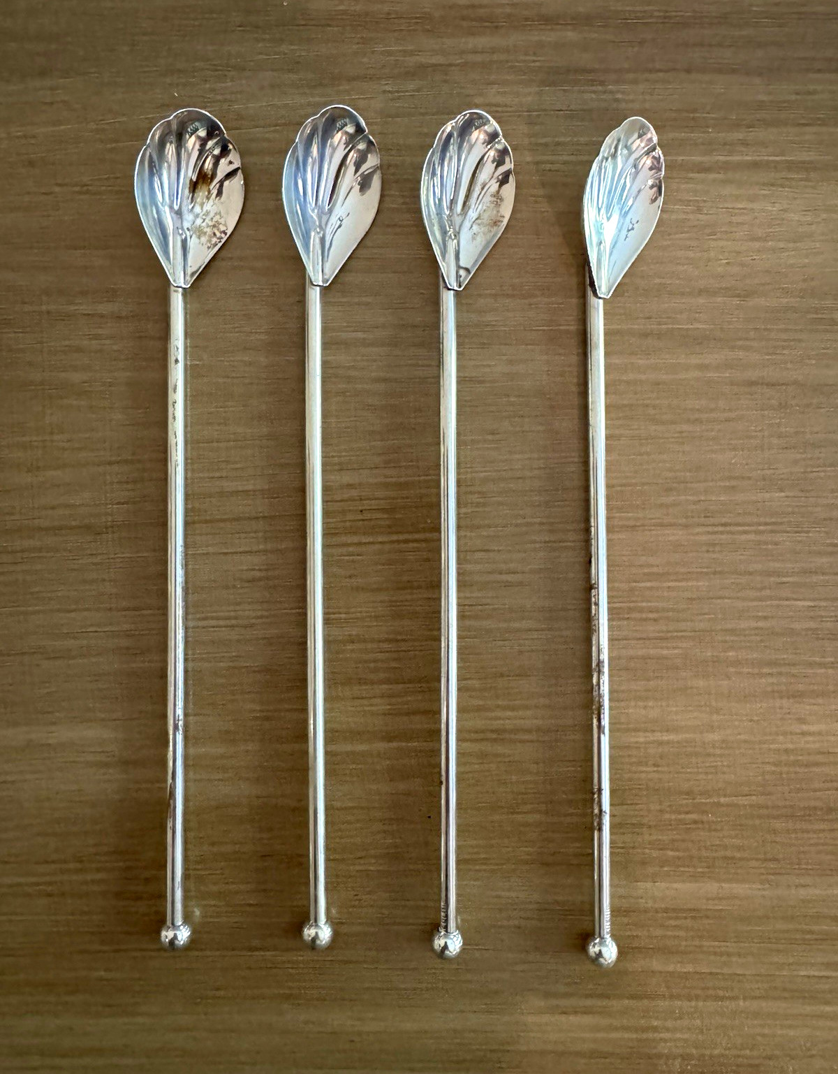 Vintage Sterling Silver Iced Tea Spoons Shell Bowl Ball Finial 8” Set of 4