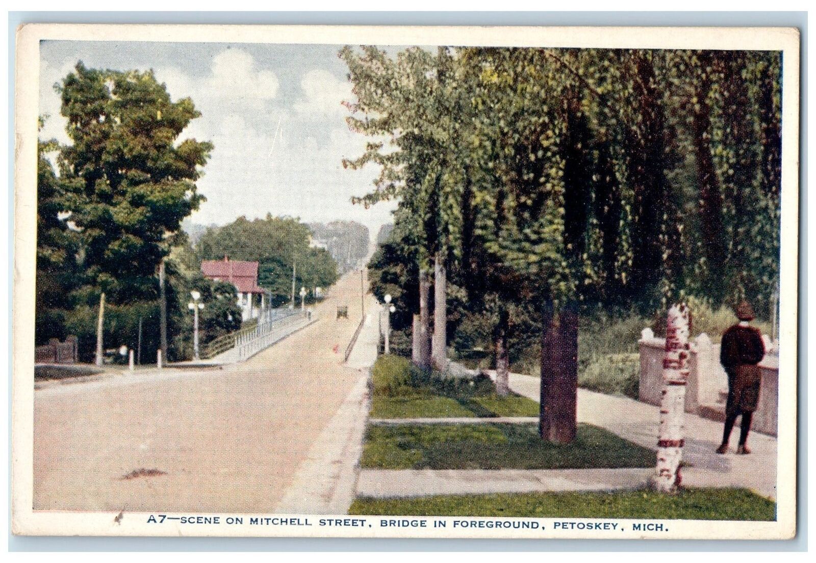 c1920s Scene On Mitchell Street Bridge Foreground Petoskey Michigan MI Postcard