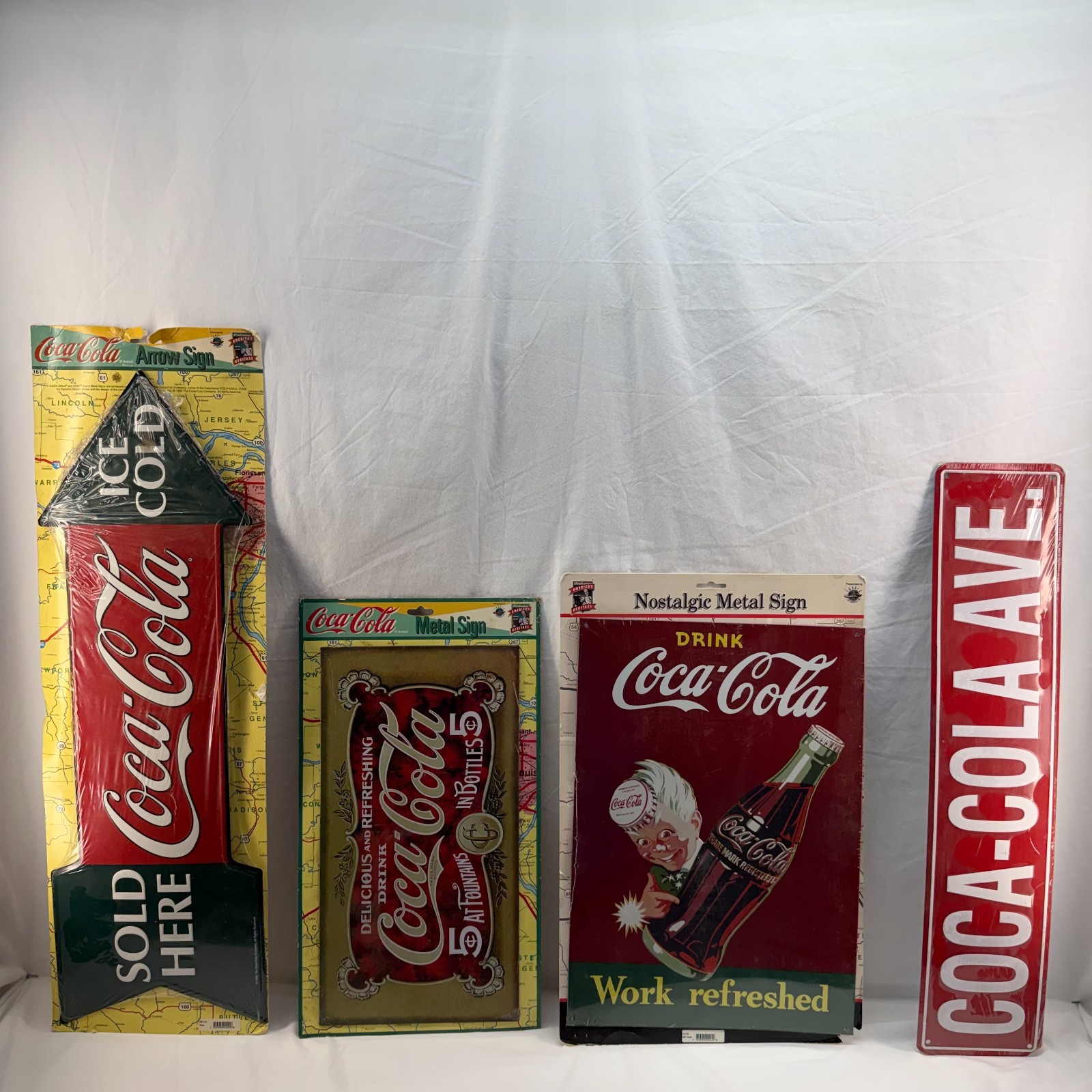 Vintage Coca-Cola Metal Advertising Sign Lot - Set of 4 (Factory Sealed Signs)