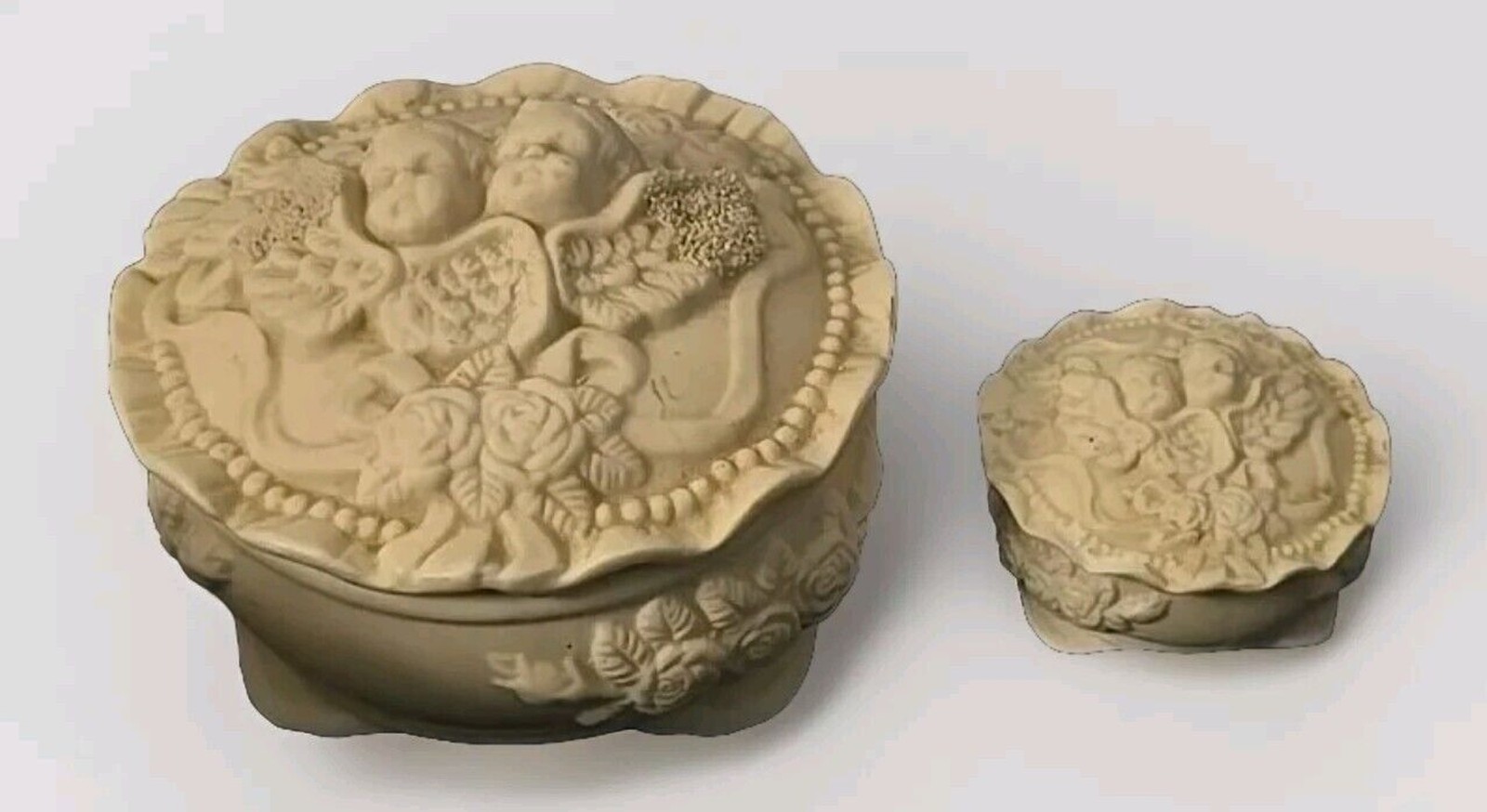 Pair of Vintage Cherub Bisque Trinket Jewelry Box Dish Large Small Rare