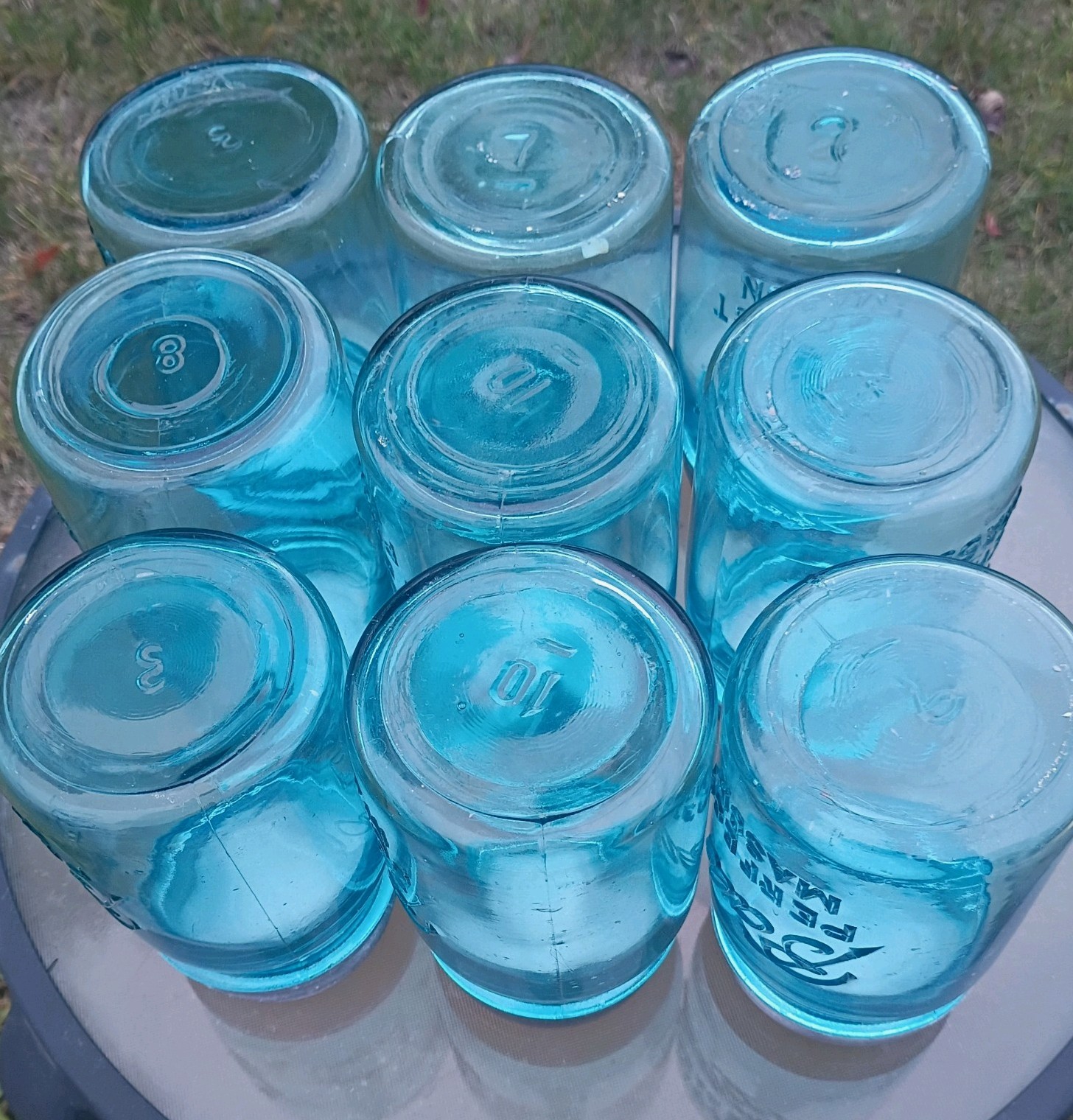 Lot of 9 Vintage Ball Perfect Mason Pint Jars Aqua Blue  W/Zinc Porcelain Lids