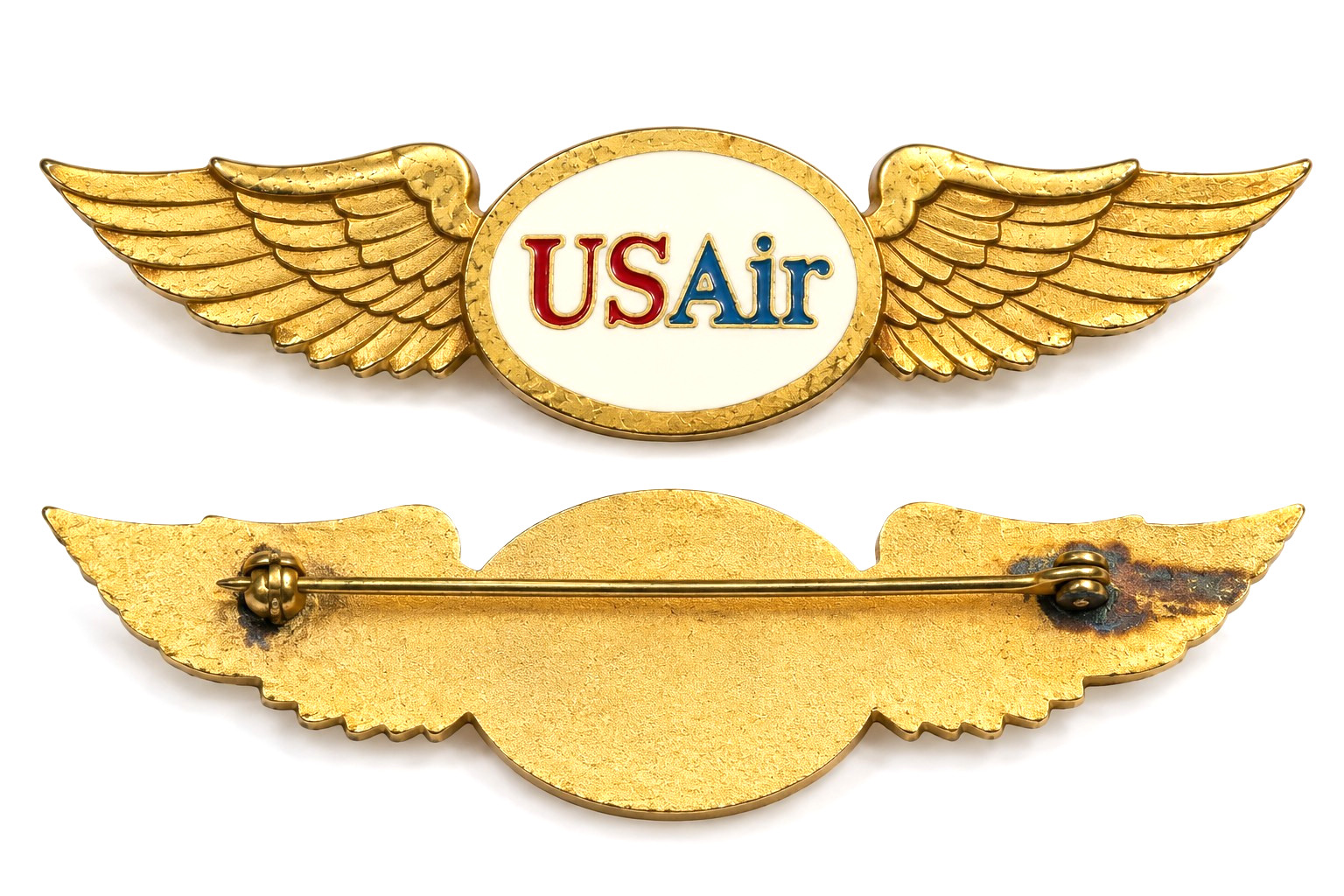 Vintage USAir Flight Attendant Wings Pin 1st Issue Gold Enamel Cabin Crew Badge
