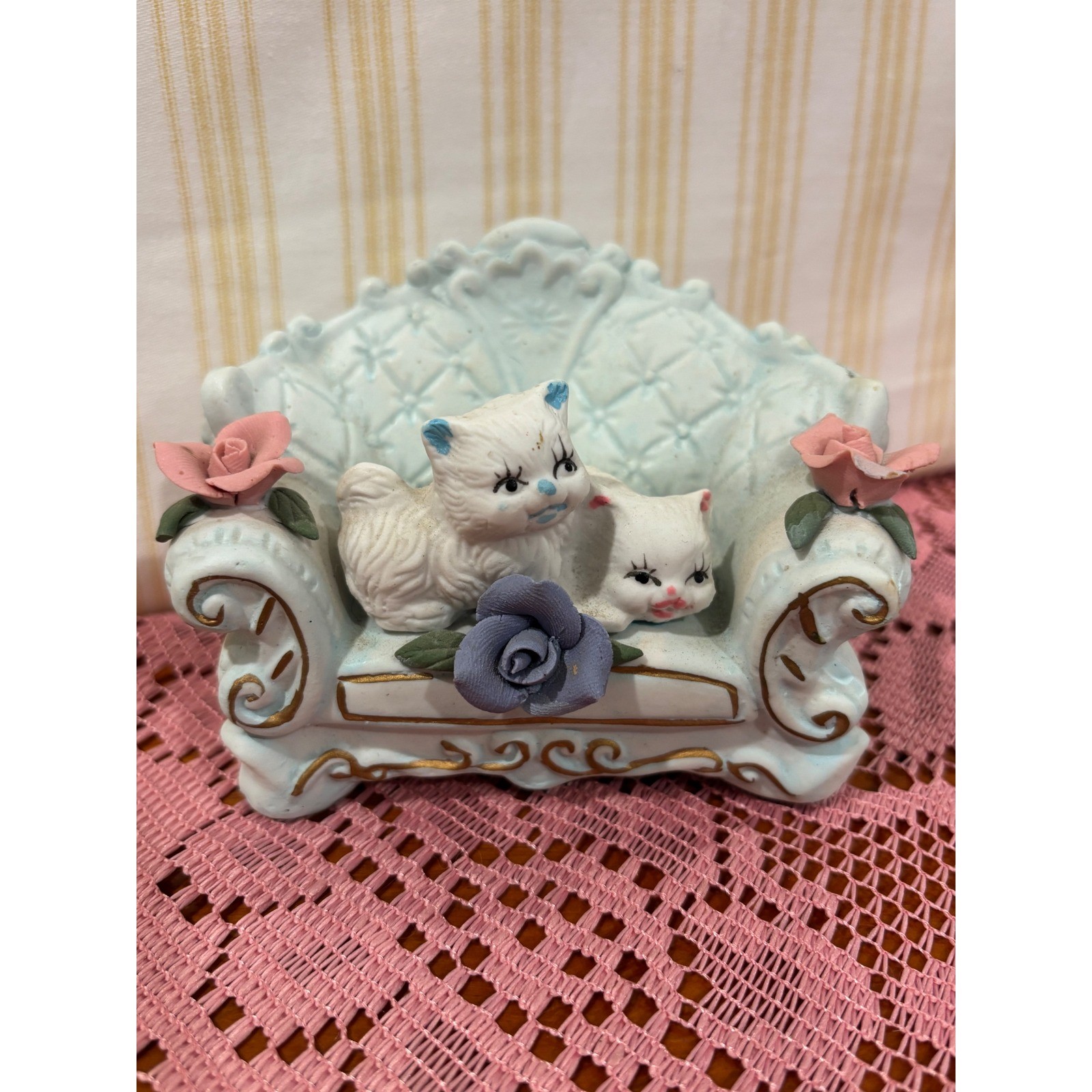 Vintage 1993 Ceramic Kittens on Blue Settee Sofa Figurine with Roses Gold Trim