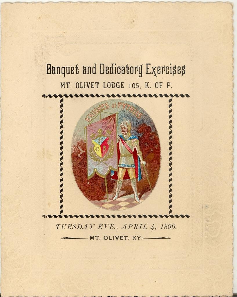 1899 Knights of Pythias Dedicatory Exercises Menu MT. OLIVET KENTUCKY VG Superb