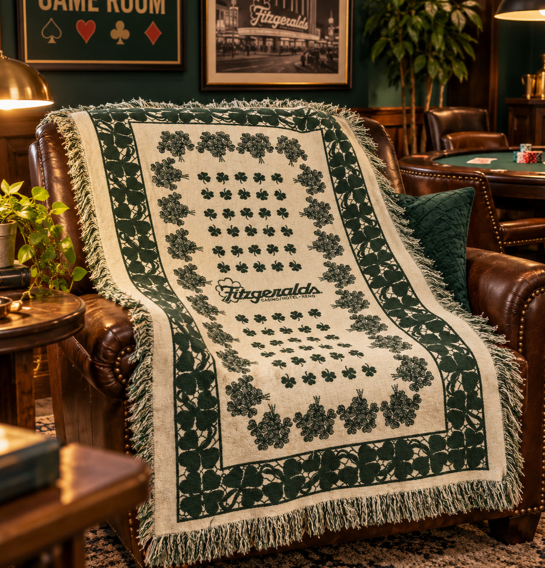 Fitzgeralds Casino Hotel Reno Woven Tapestry Throw Blanket Shamrock 65x43