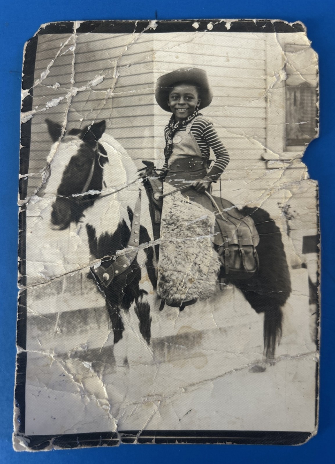 1940s African American Boy Pony B&W Snapshot Black Americana Wrinkled