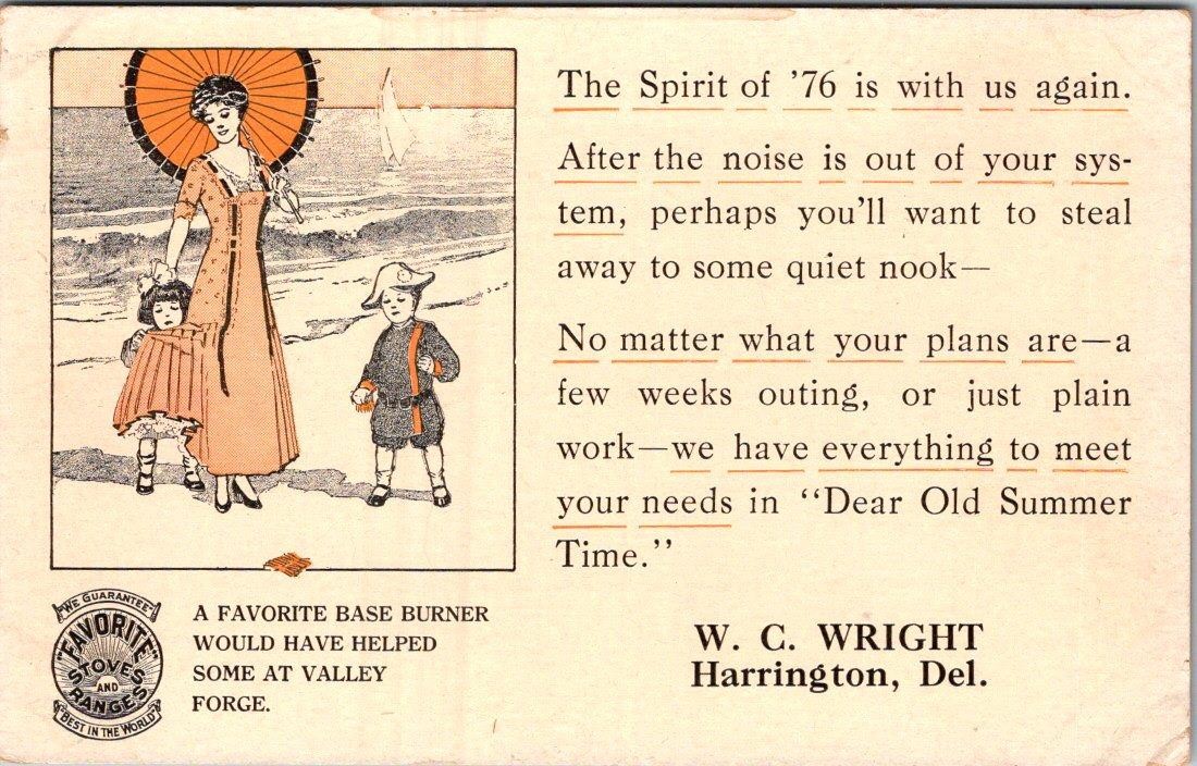 1910\'s W.C. WRIGHT HARRINGTON DELAWARE FAVORITE STOVES RANGES SPIRIT 76 POSTCARD