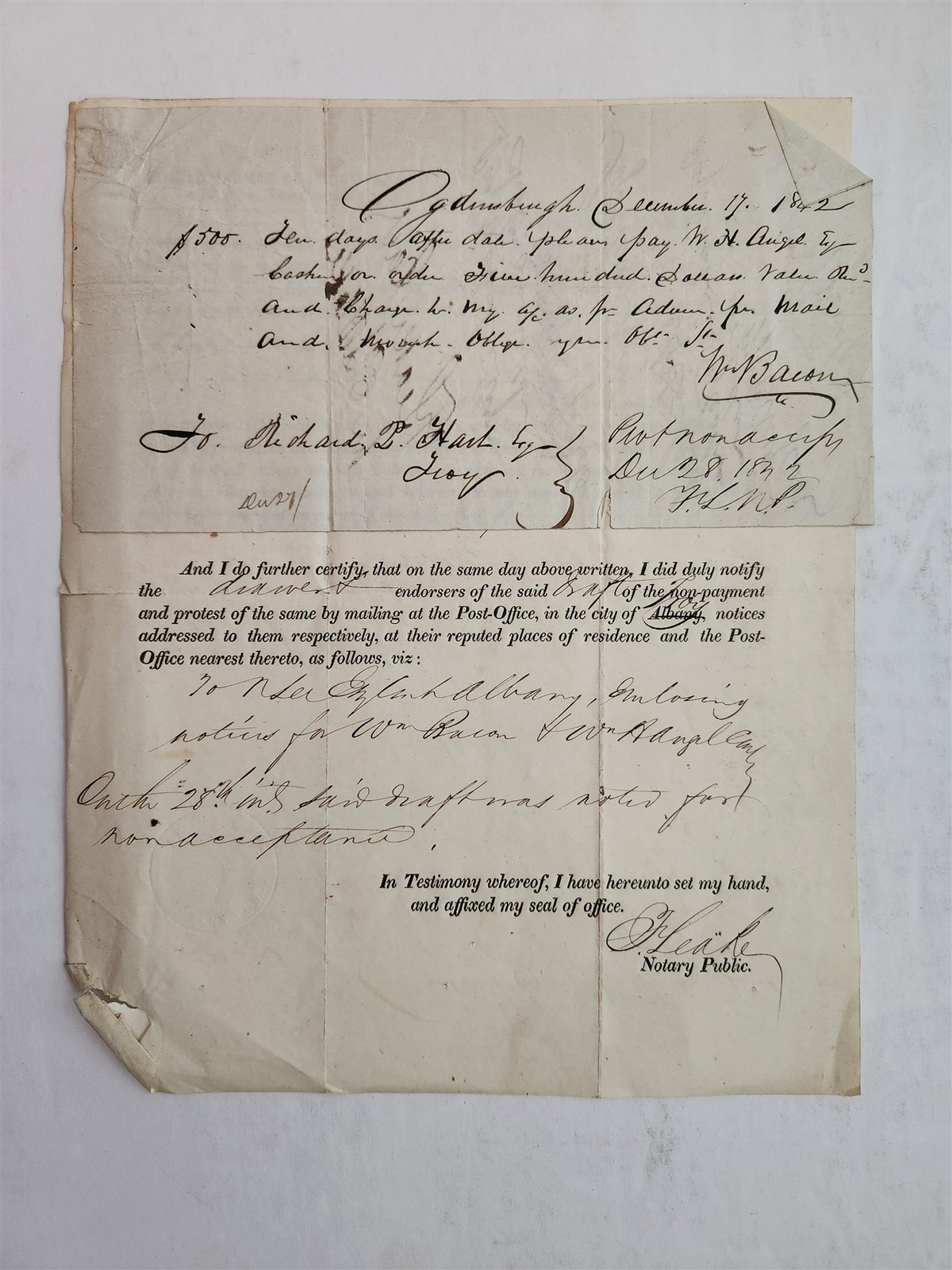 1842 antique BANK DRAFT PROTEST albany ny WM BACON RICHARD P HART Ogdensburgh