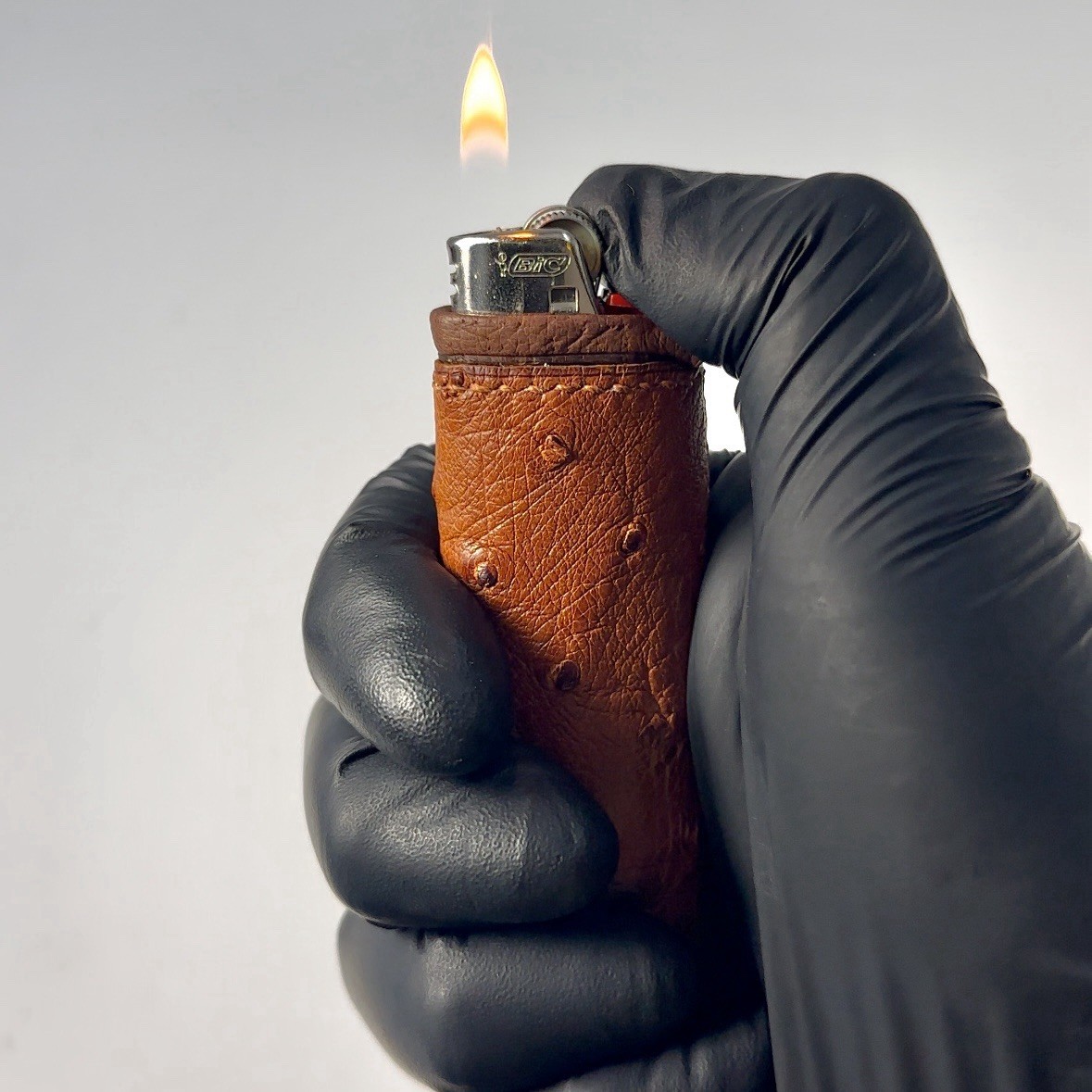 Dark cognac ostrich leather lighter sleeve,  Handmade luxury exotic lighter case