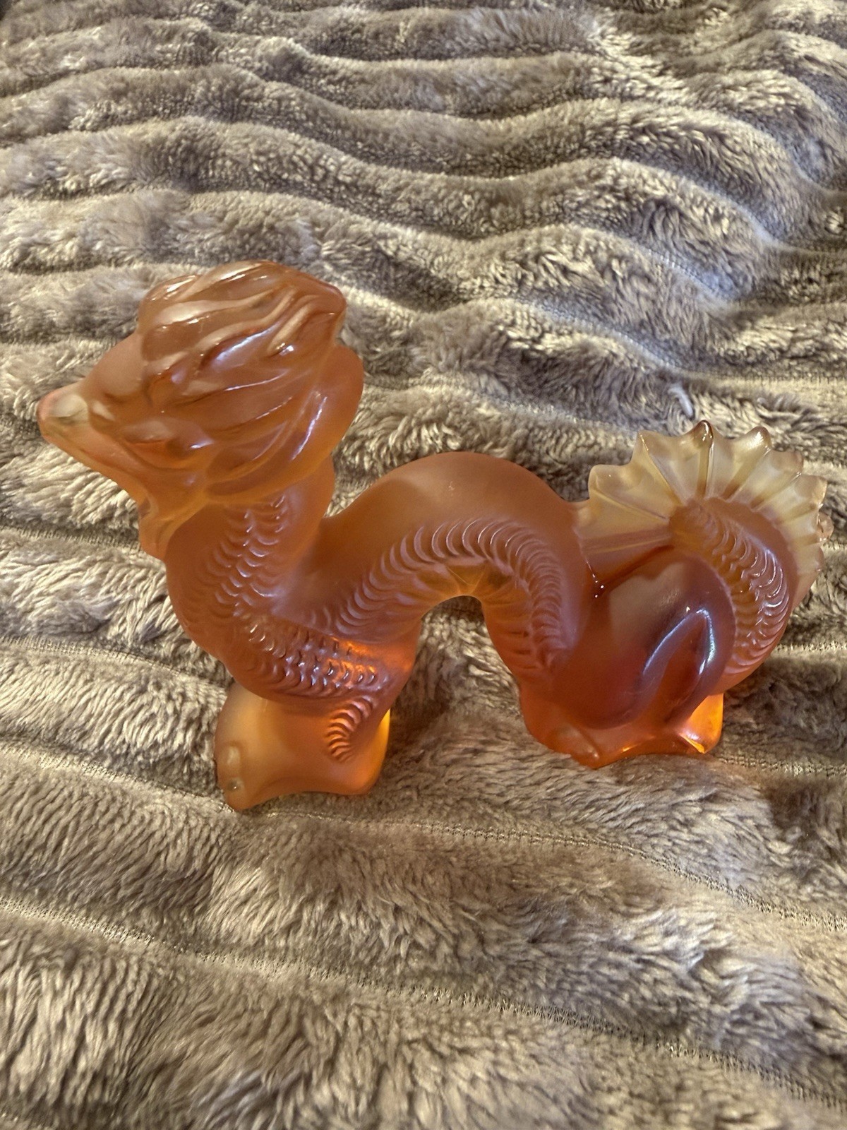 Lalique France Amber Orange Frosted Crystal Dragon Figurine Signed Rare