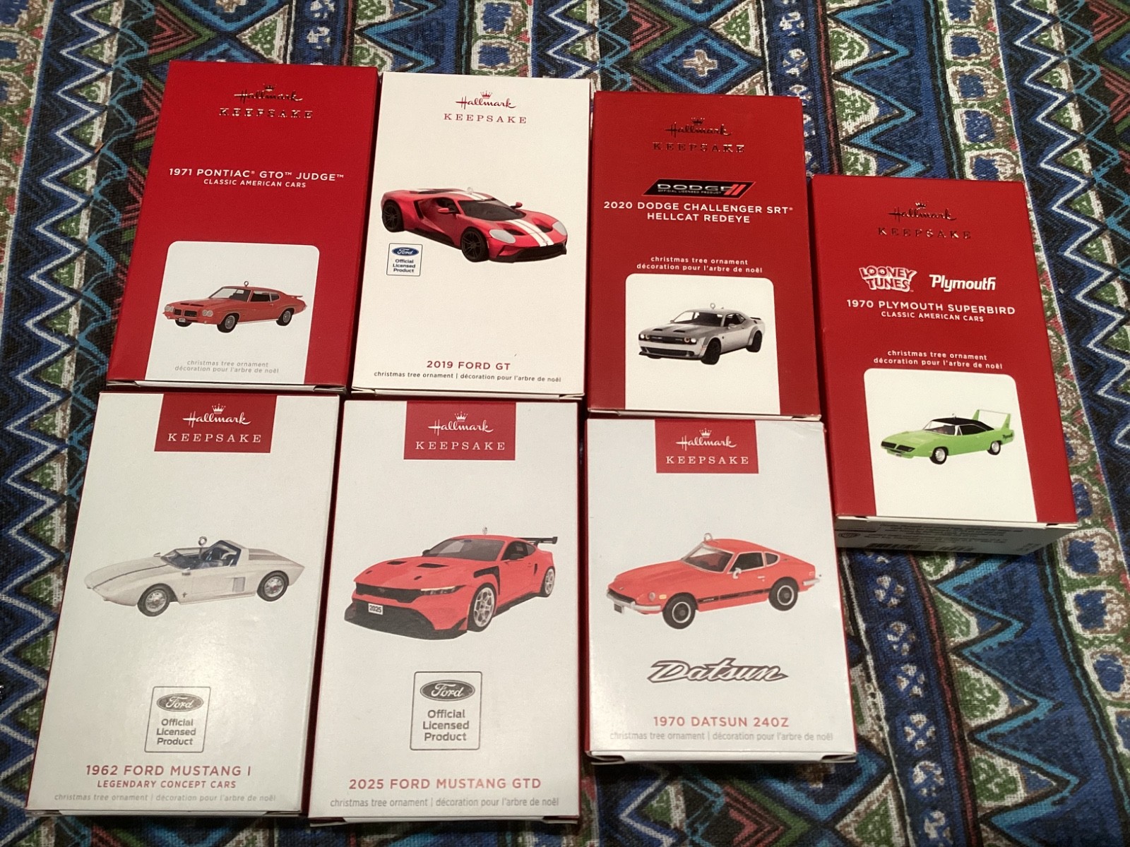 8 Hallmark Christmas Car Ornaments Datsun Z,Super Bee, Mustang+New in Boxes