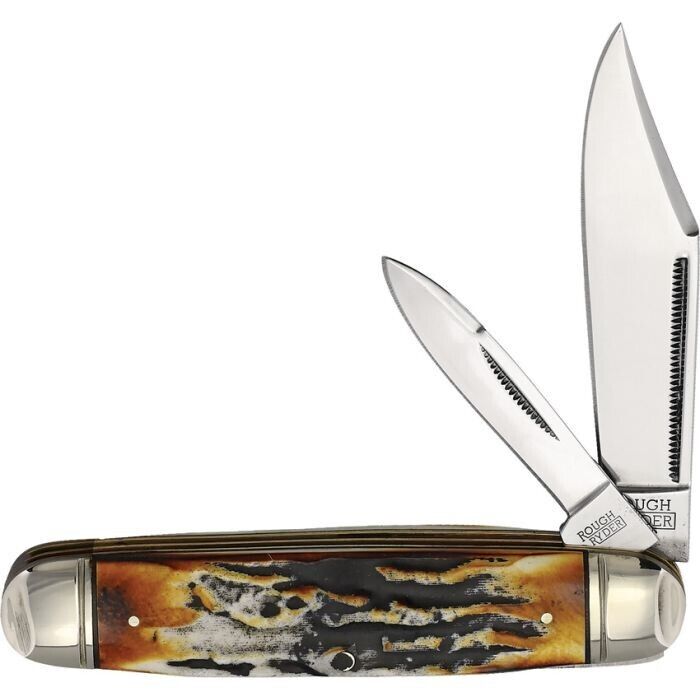 Rough Ryder Cattleman Pocket Knife Carbon Steel Blades Cinnamon Bone Stag Handle