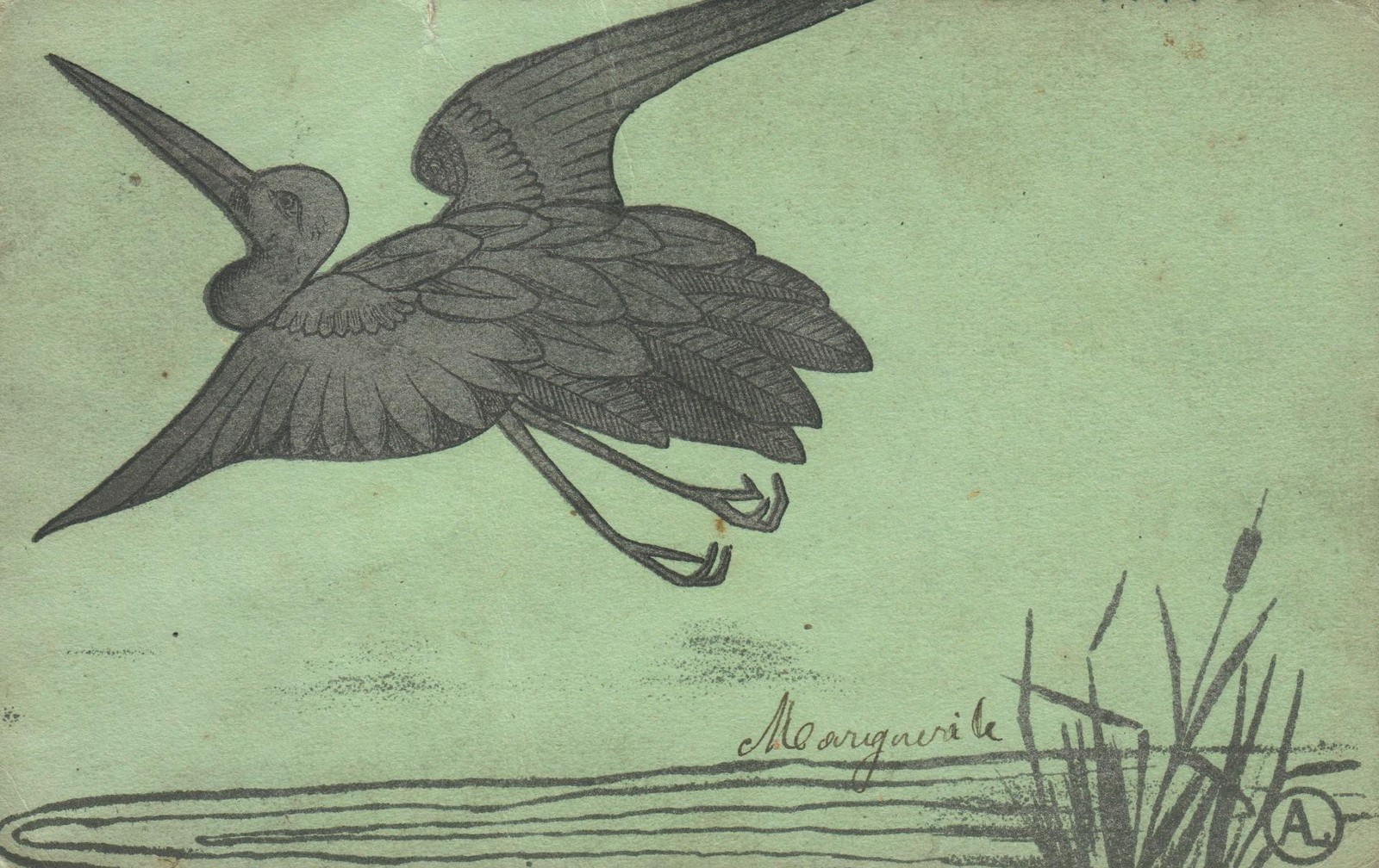 1903 Art Nouveau Hand Painted Flying Silver Stork POSTCARD Belgium SMALL tear