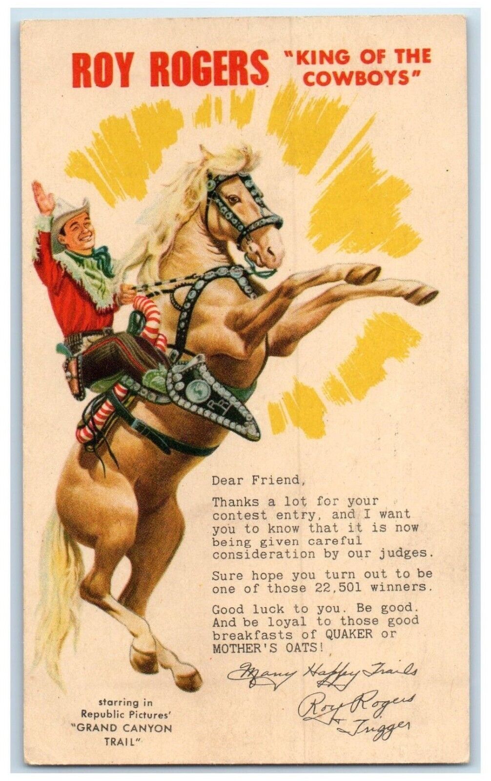 1948 Quaker Mother Oats Ad Roy Rogers King Of The Cowboys Chicago IL Postcard