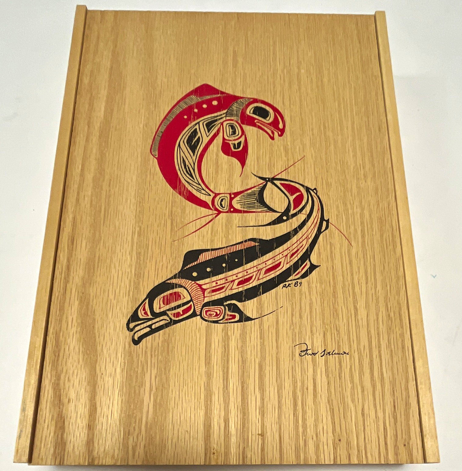 Vintage 1989 Richard Krentz Two Salmon Wood Box Coast Salish Indigenous Art gift