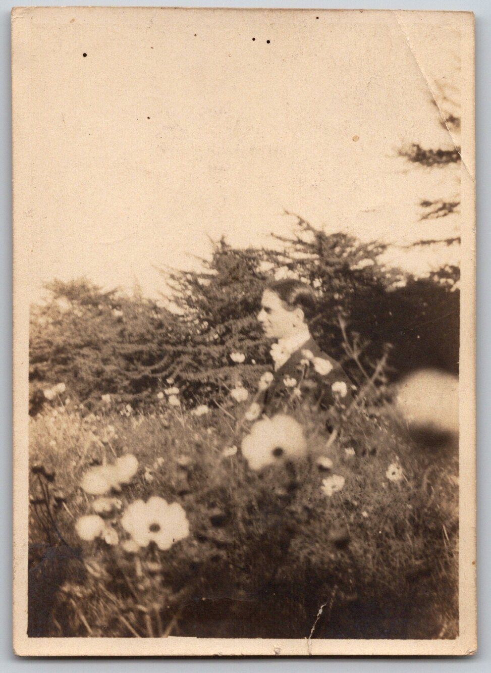 Man in Garden 1920s Snapshot Photograph Flowers Outdoor Candid Portrait