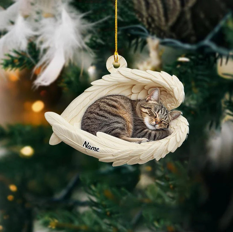 Personalized Tabby Cat Sleeping Angel Wings Flat 2D Acrylic Ornament