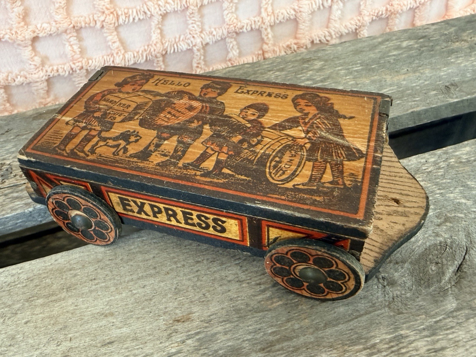 Rare Antique Hello Express Wooden Lithographed Toy Wagon Candy Container