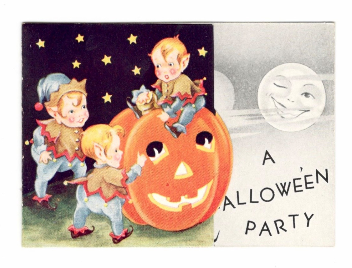 Vintage Unused Halloween Party Invitation JOL Elves Moon Starry Night Original