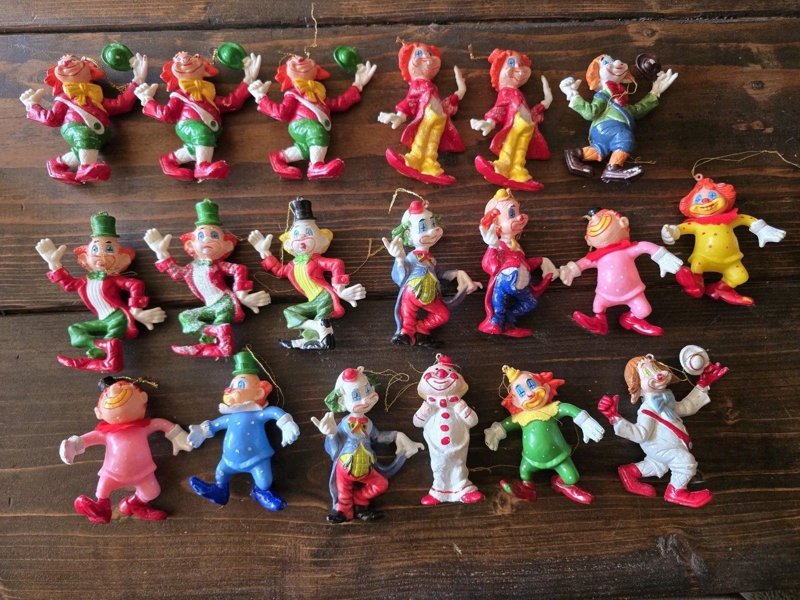 Vintage 1950s - 1960s Celluloid Blow Mold Clown Christmas Ornaments (19 Total) 