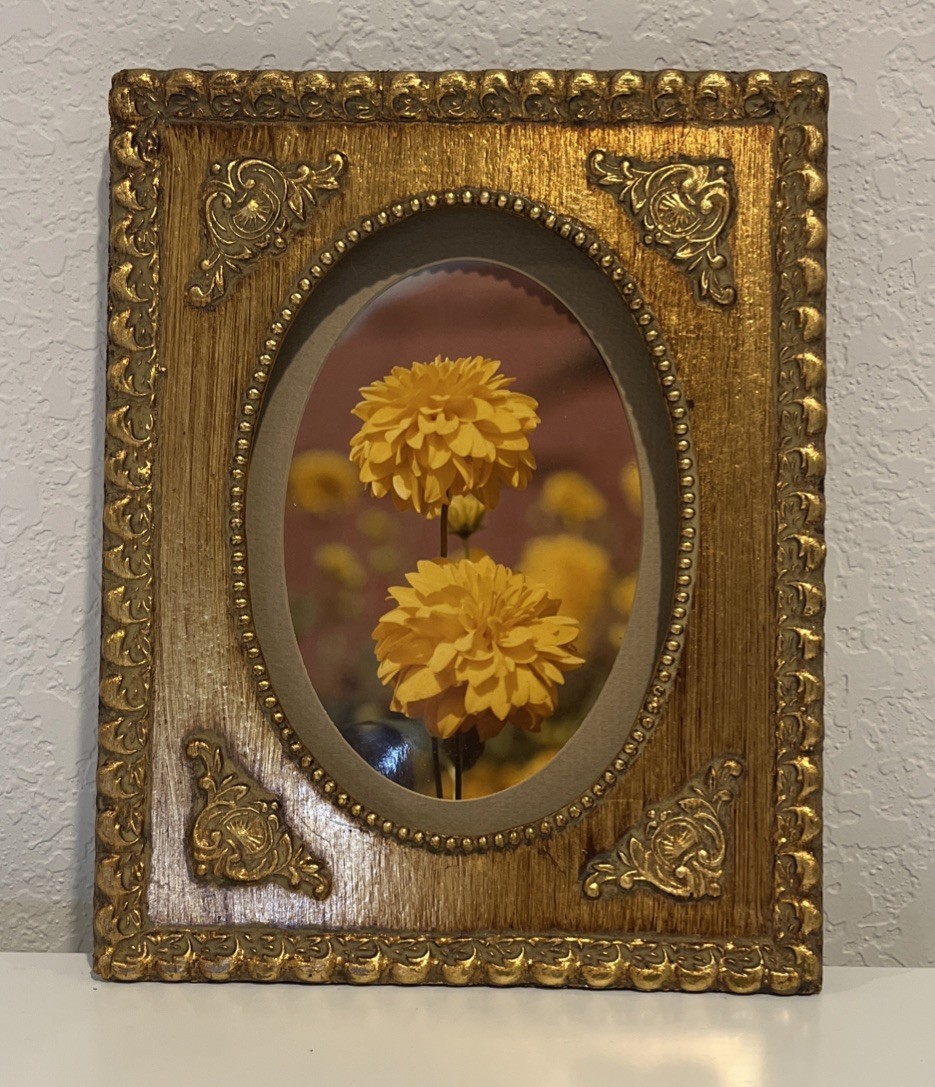 Vintage 1987 J.B. Schofield Gold Gilded Framed Photo Yellow Chrysanthemum  9x7