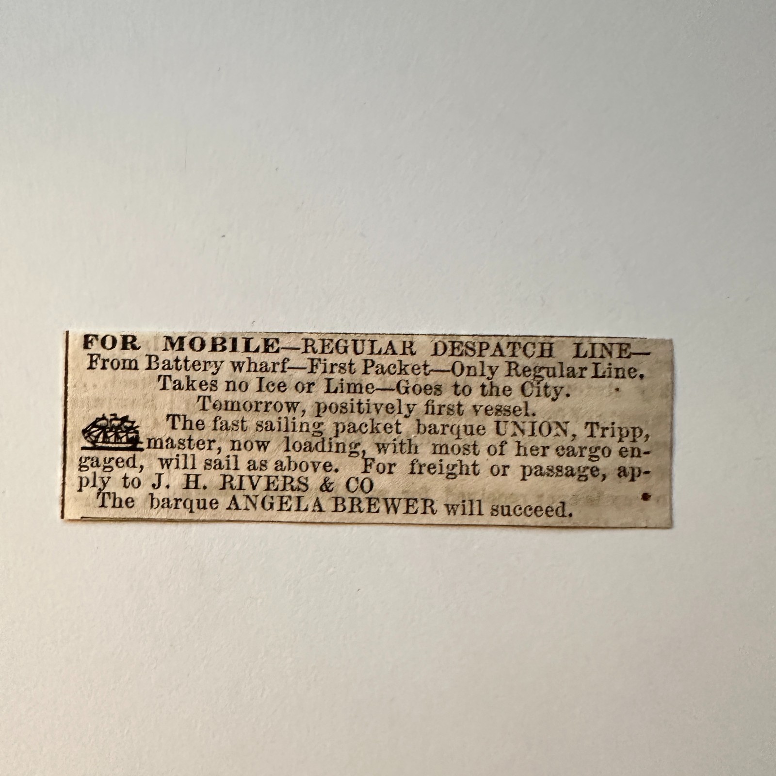 J. H. Rivers & Co. The Barque Angela Brewer 1860 Boston Ad 5AK9-S50