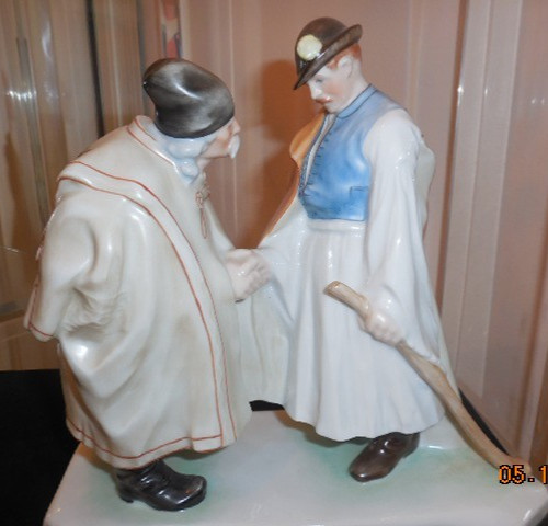 OLD AND YOUNG SHEPHERDS IN VINTAGE HUNGARIAN COSTUME FROM HEREND, 8 3/4