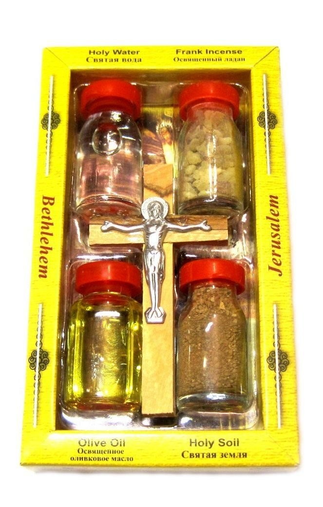 1 X Holy Water / Earth / Incense / Oil & Genuine Olive Wood Cross from the Holy