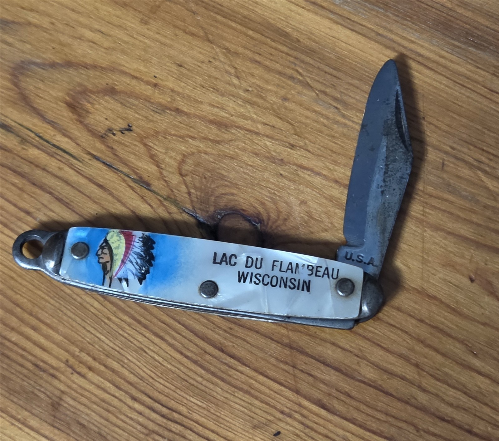 VINTAGE LAC DU FLAMBEAU FOLDING POKETKNIFE KEYCHAIN WISCONSIN 2-5/8