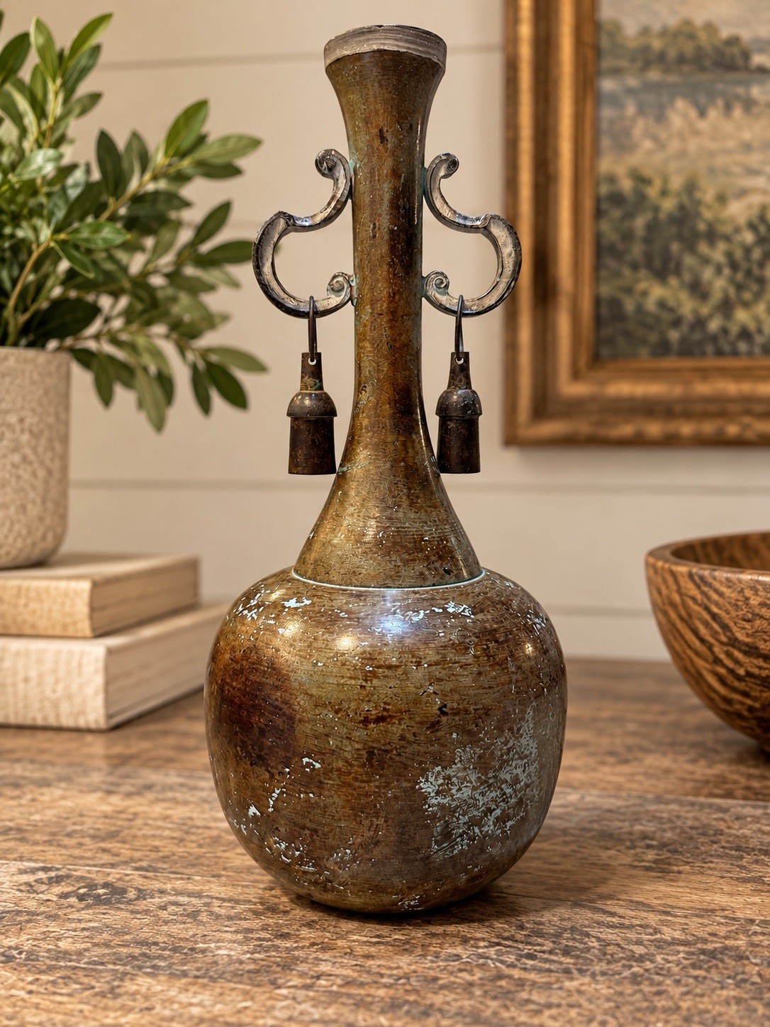 Vintage Indian Bronze-Tone Metal Vessel with Hanging Bells – Patina – 11.5”