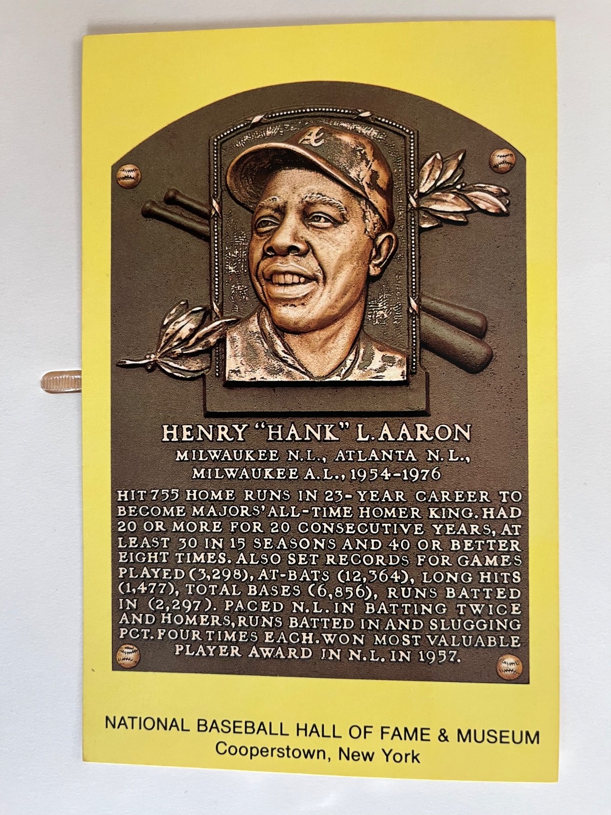 Hank Aaron Postcard - Baseball Hall of Fame Induction Plaque - Cooperstown