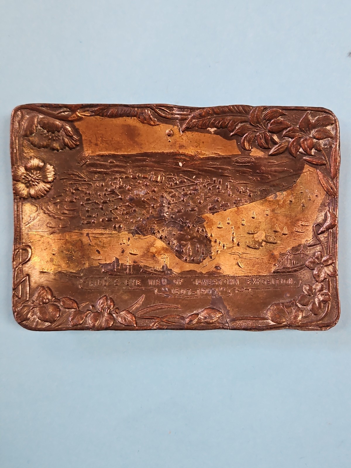 Antique 1907 Jamestown Exposition Souvenir Copper Tray Art Nouveau Birds Eye