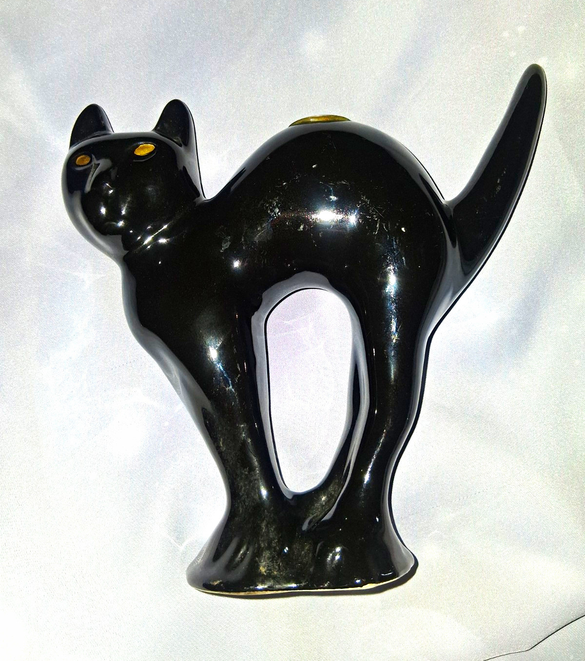Vintage Black Ceramic/Porcelain Cat Figurine Arched Back with Gold Eyes Decor