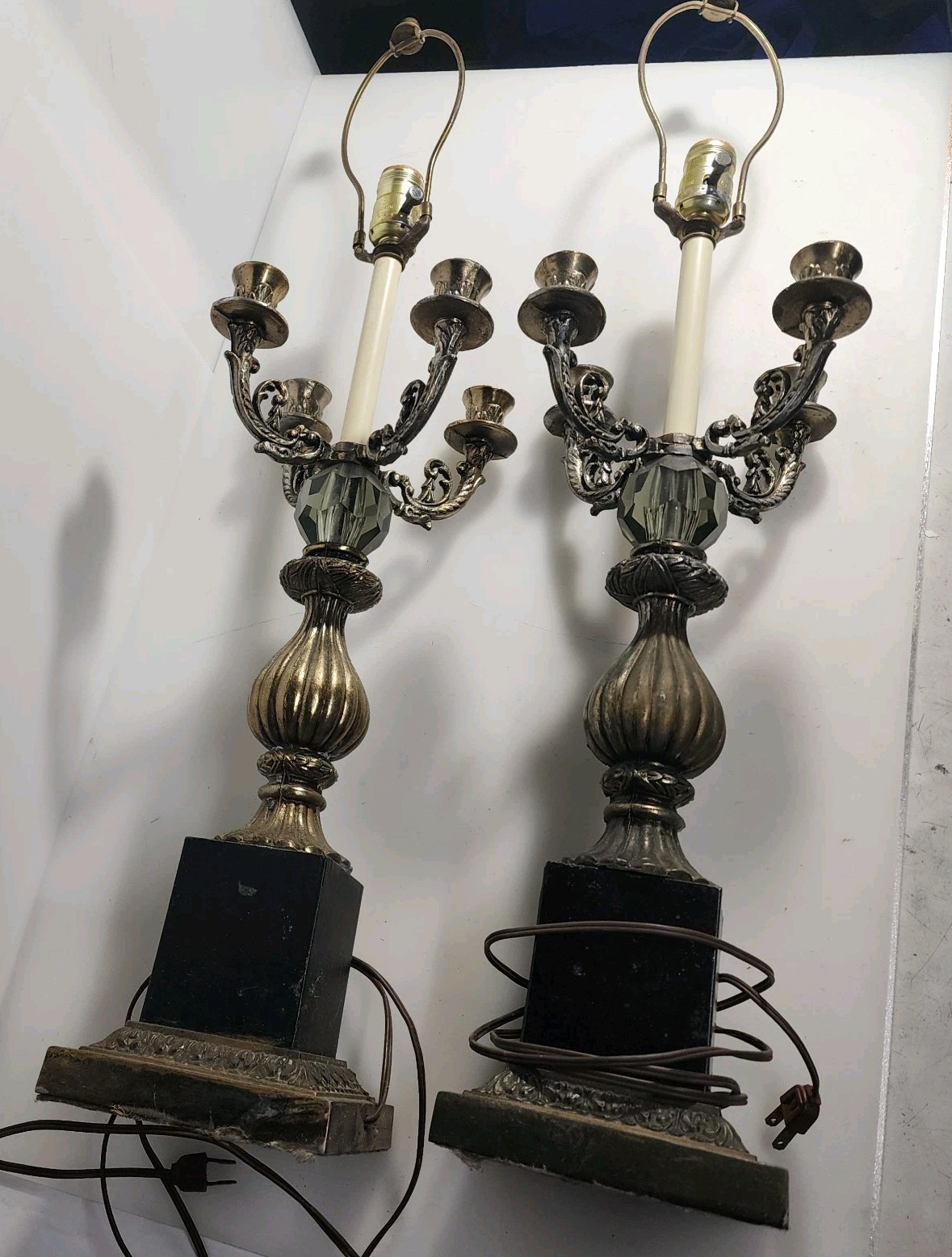 Vintage Pair Candelabra Lamps Electrified Bronze Black 4 Arm 31.5\