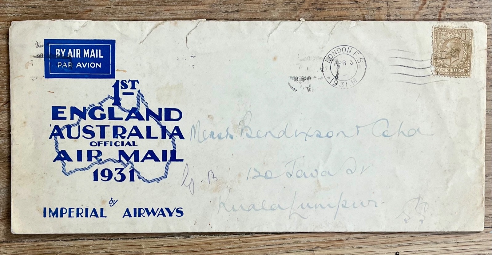 1931 FIRST FLIGHT COVER LONDON - KUALA LUMPUR IMPERIAL AIRWAYS SINGAPORE ARRIVAL