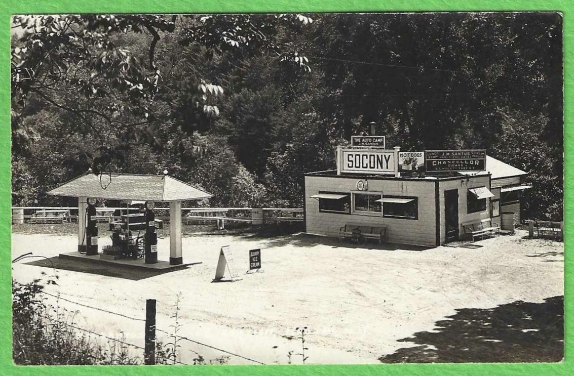 RARE Early 1900s JM SANTUS AUTO COURT & SOCONY Gas Station RPPC Hoosick, NY