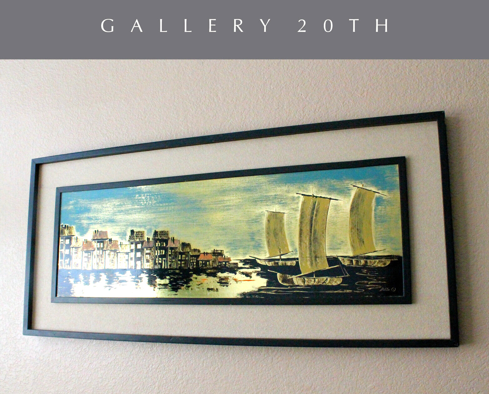 STUNNING METALLIC CITYSCAPE ORIG. ART VTG WALL 50\'s 60\'s MID CENTURY SEASCAPE