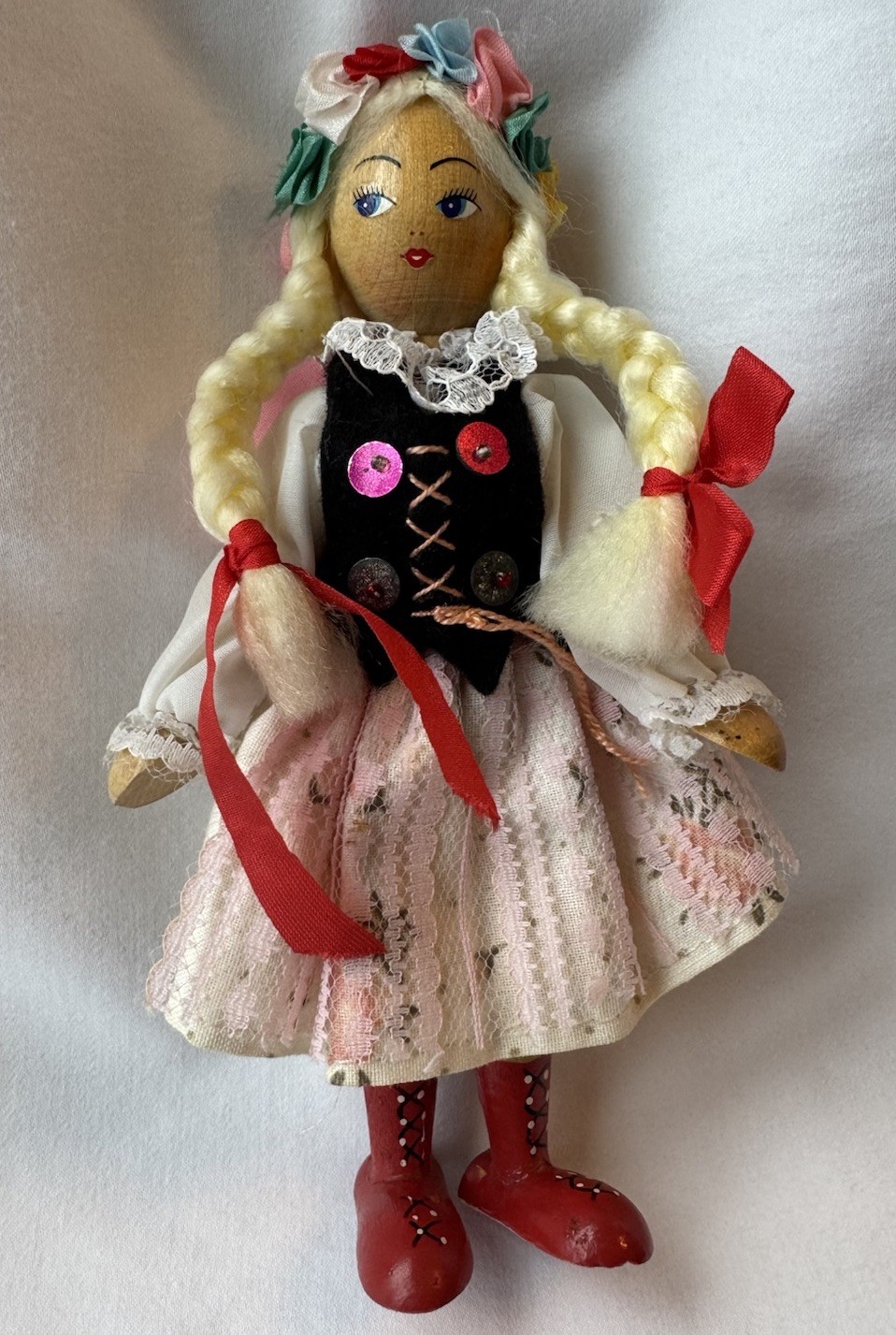 Vintage Gromada Polish Wooden Costume  Doll Girl With Black Vest Flowers Braids