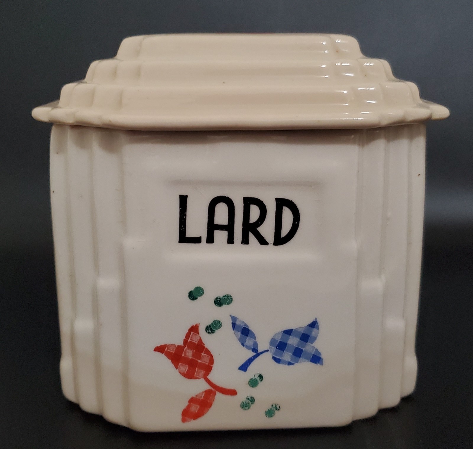 Vintage Harker pottery calico tulip lard and drippings container