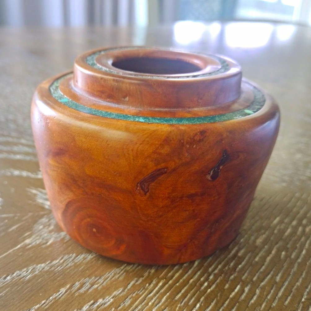 Vintage Hand Turned Burl Wood Vessel Vase Ink Well Inlaid Crushed Turquoise 