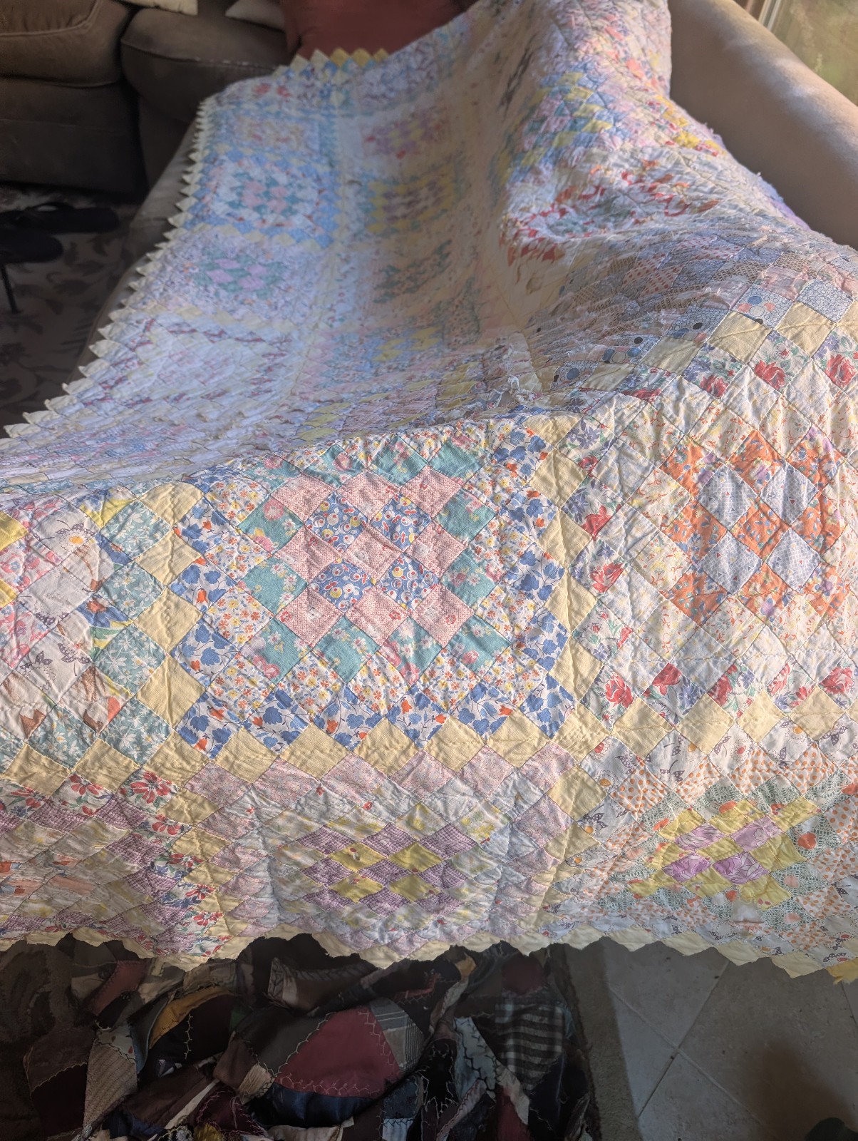 Vintage Quilt Handmade Hand Sewn Faded Pastels Full/Double Size