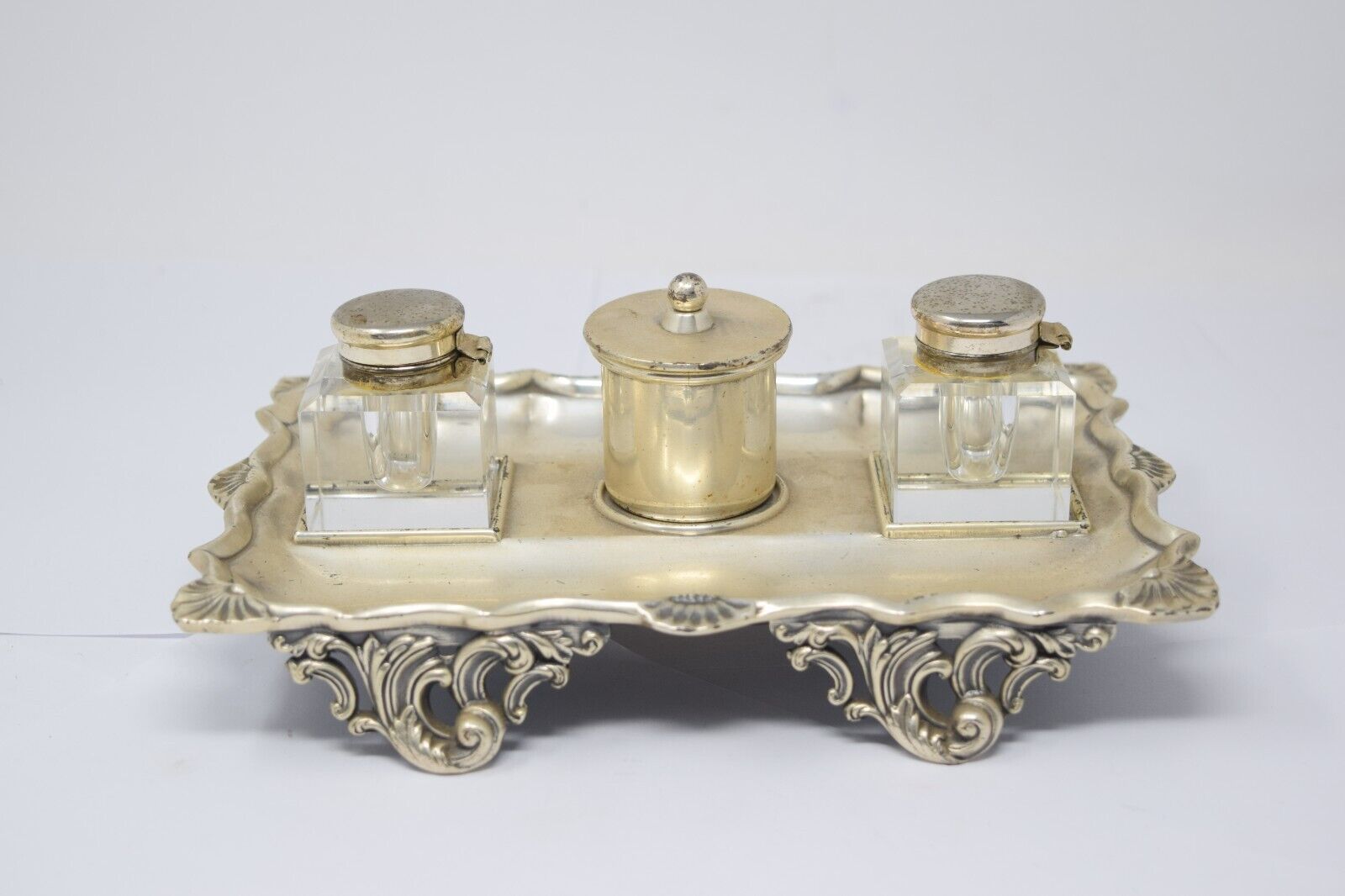 Vintage REPRODUCTION SHEFFIELD INKSTAND w CUT CUBE GLASS / CRYSTAL INKWELLS