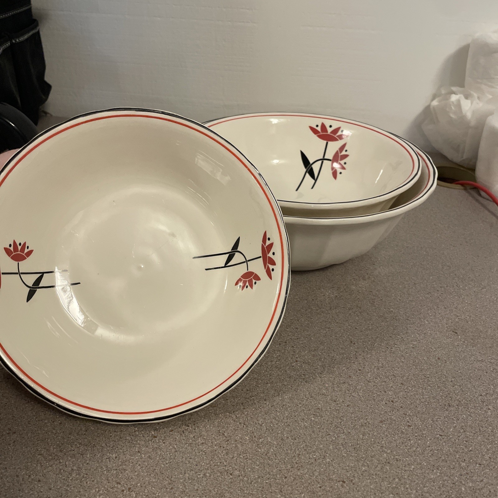 Vintage Deco Dahlia Ribbed Bowls | Set of 3 | Harker | Great Condition