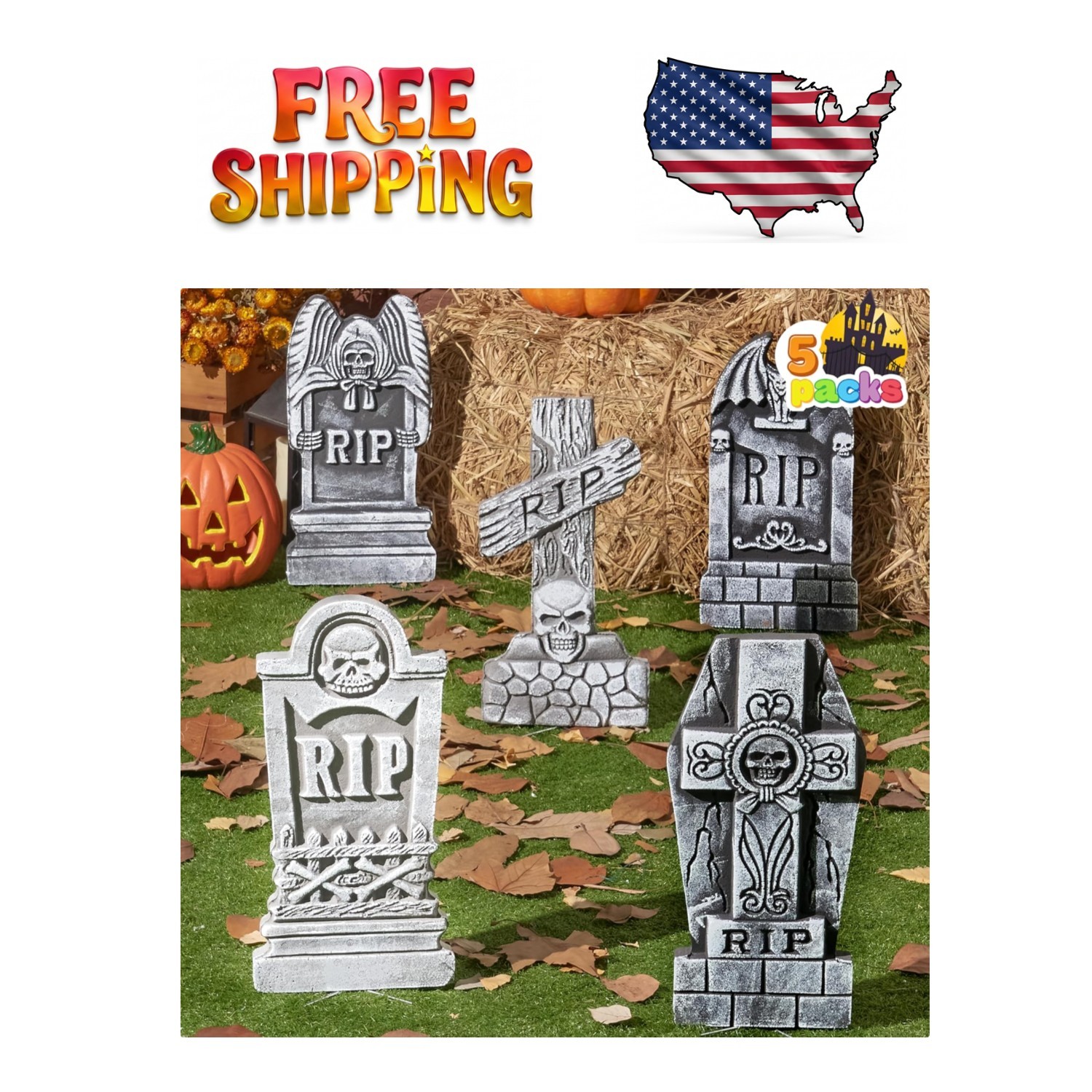 Durable 17” Halloween Foam Tombstones | 5 Piece Set with 12 Stakes for Graveyard