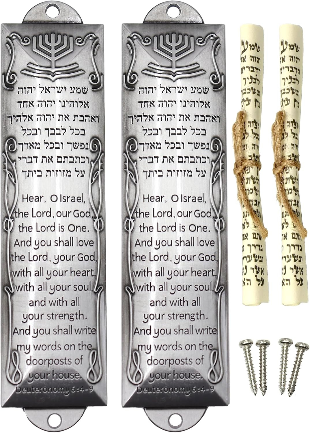 2-Pack Jewish Mezuzah Case & Scroll Set Antique Silver Hebrew English Blessing
