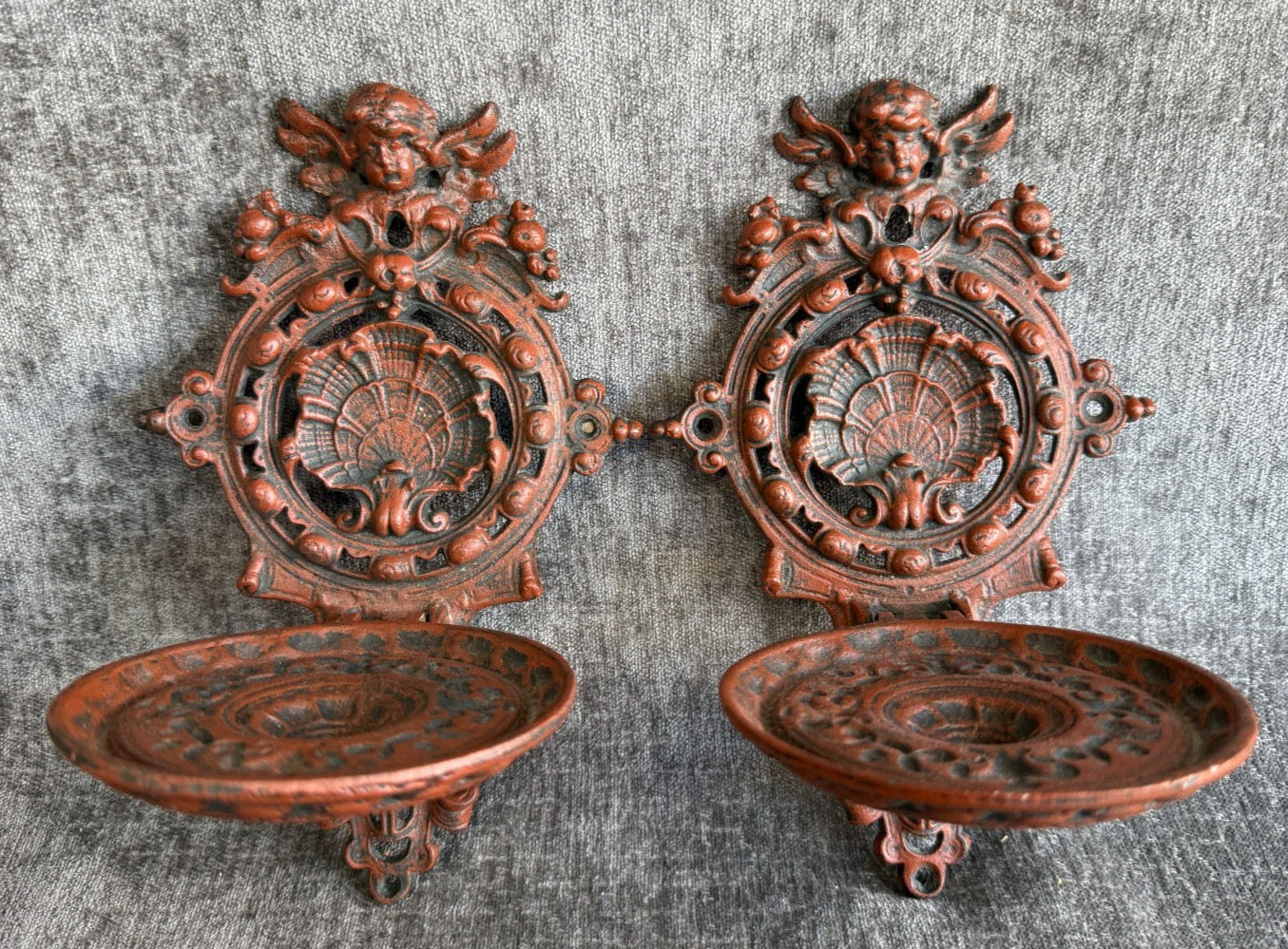 Pair Vintage Cast Metal Cherub Folding Wall Sconces Shelves Plant Holders
