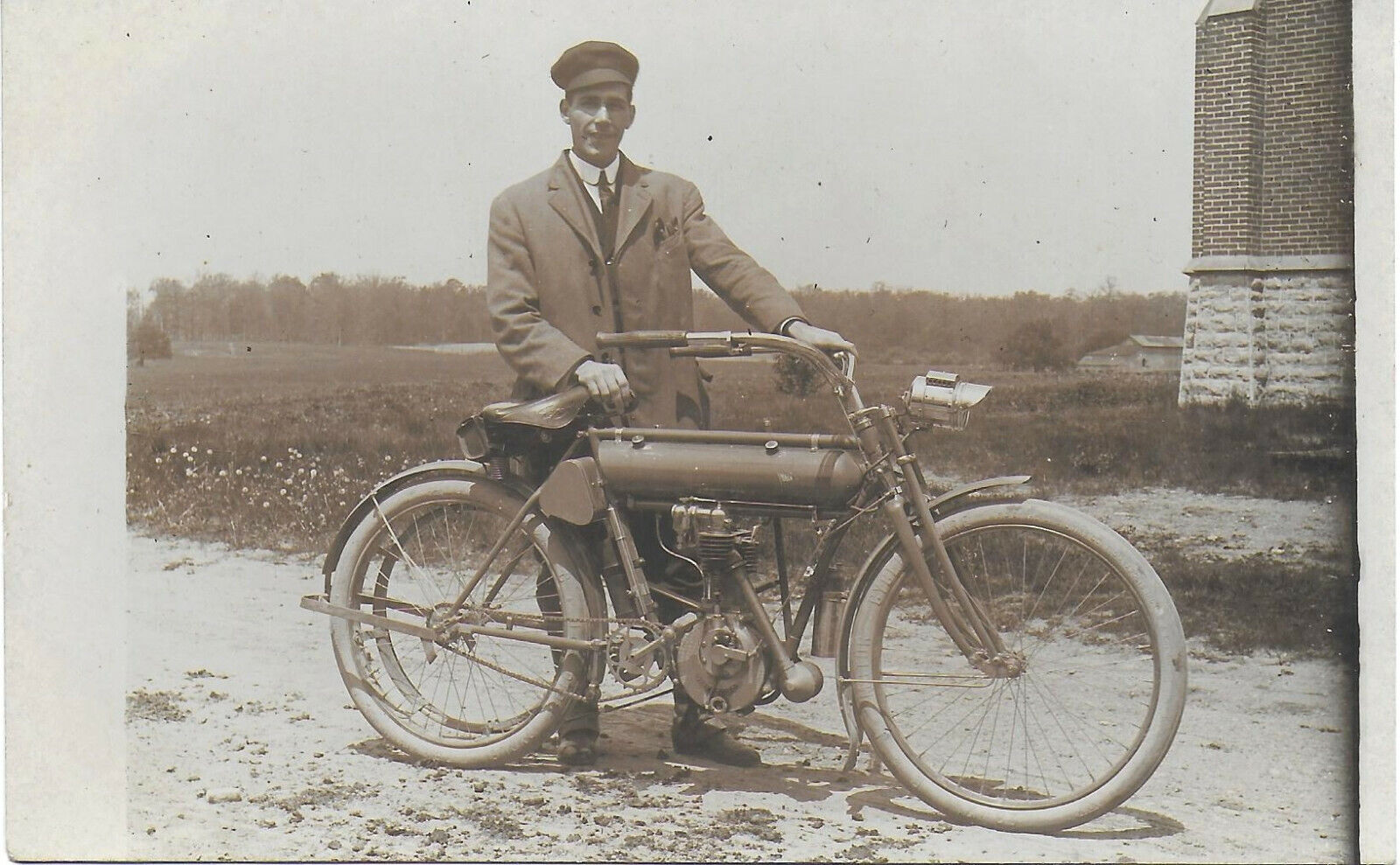 RPPC of Man Standing with Yale Motorcycle – Small Pennant Logo on Tank 1910-15